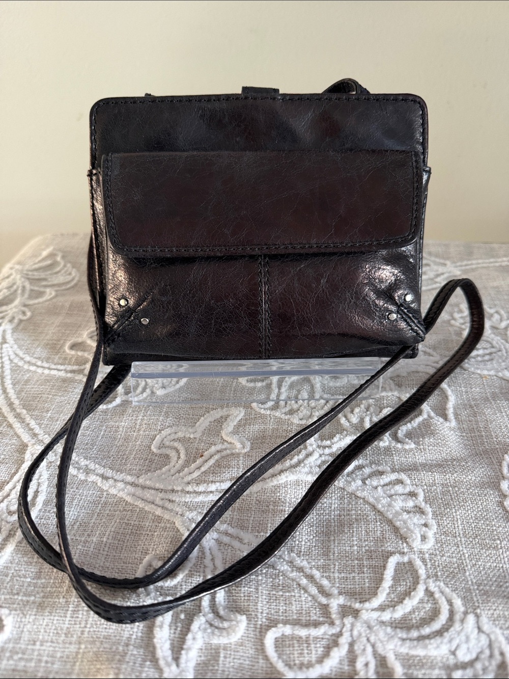 Hobo Bronze Black Leather Slim Crossbody With Front Wallet Compartment